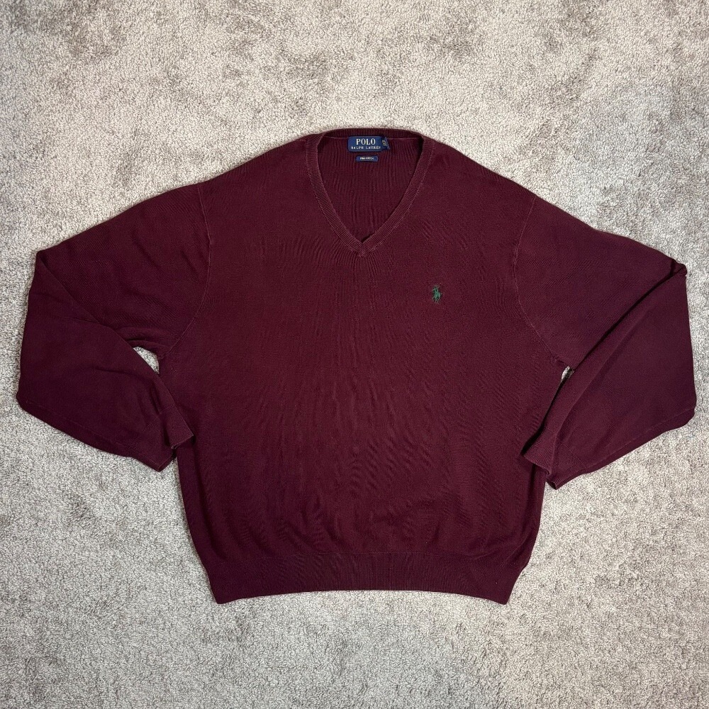 Polo Ralph Lauren Pima Cotton V-Neck Sweater Pullover Burgundy Men's Sz XXL‎